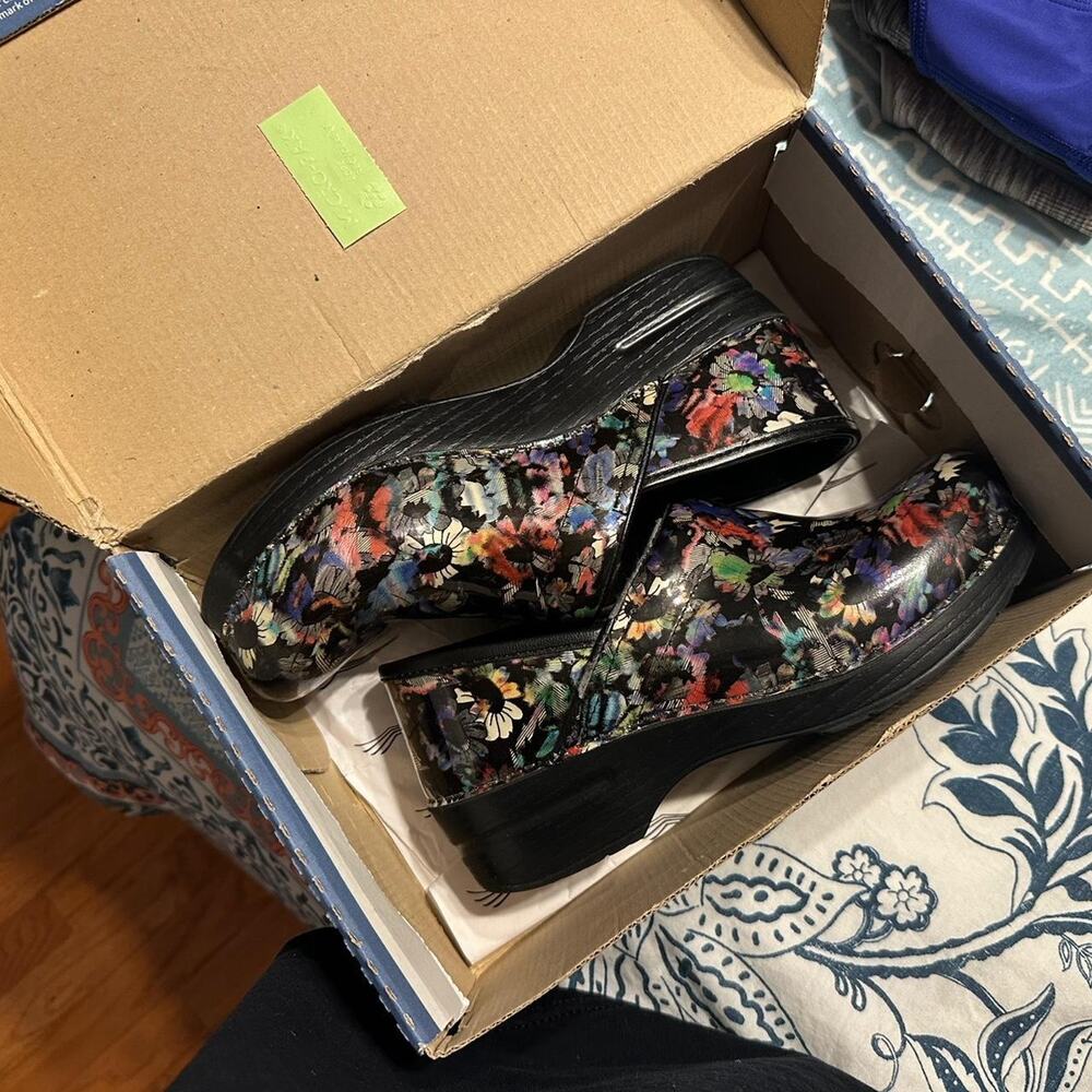 Black and multi coloured leather clogs